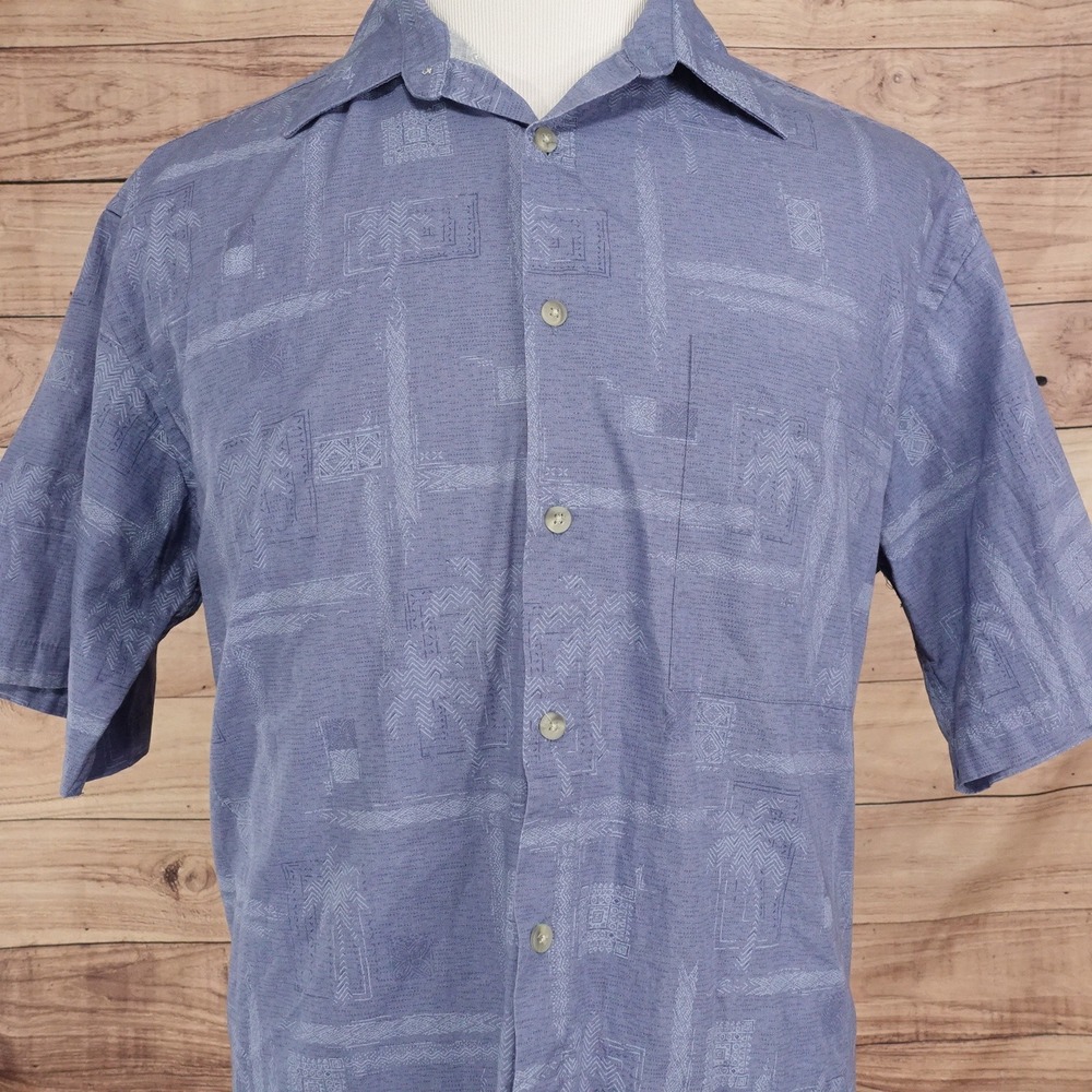 Pierre Cardin Button Up Mens Large Blue Good Short Sleeve Geometric Palm Print